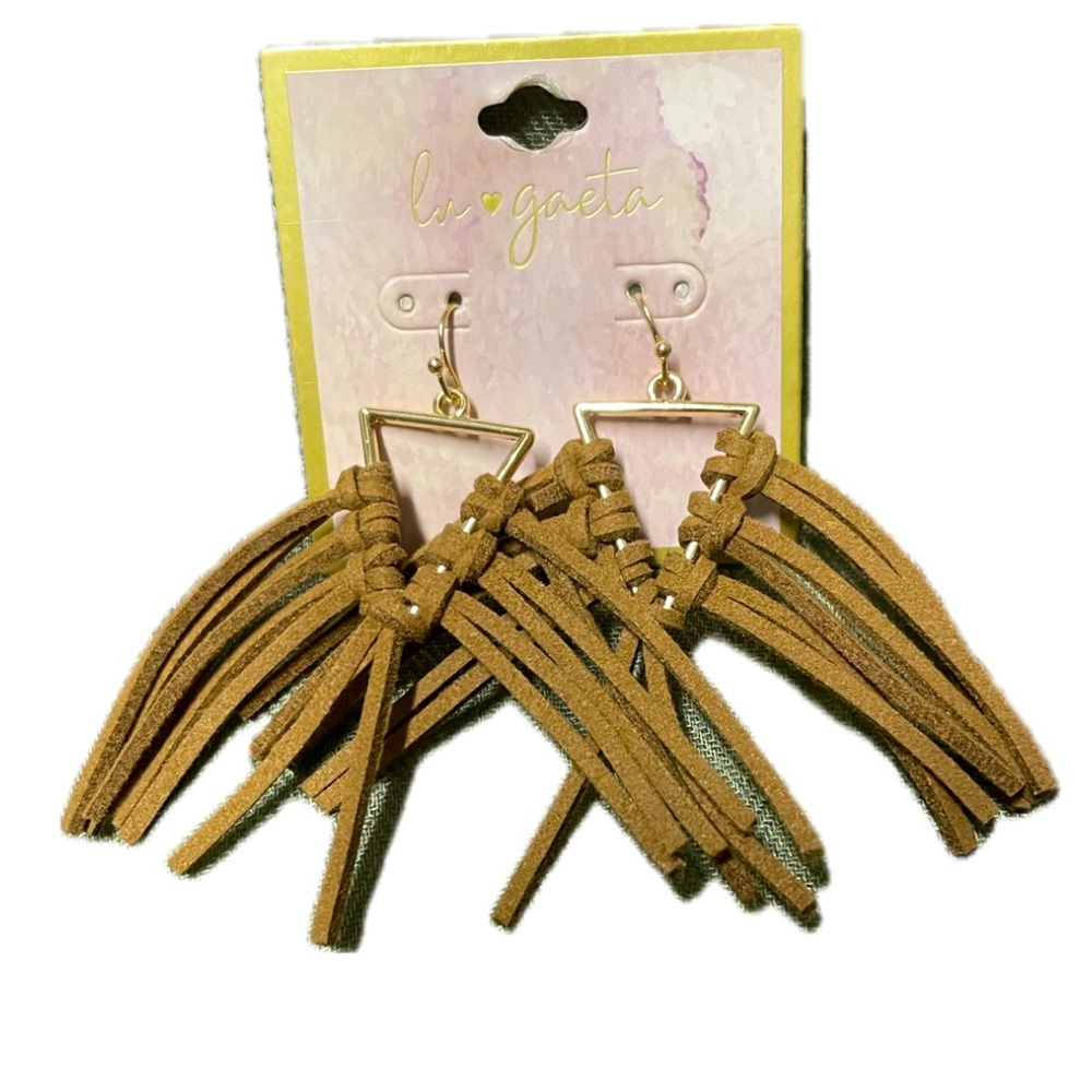 Lu gaeta leather look tassle fringe earrings new with tags art jewelry